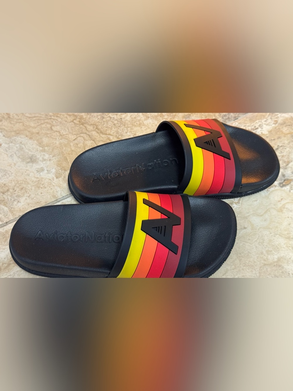 Aviator Nation Black Slides with Red-Orange-Yellow Stripe - Picture 2 of 8